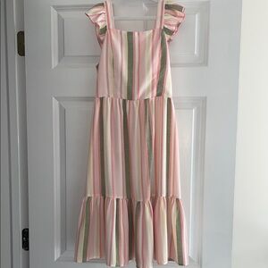 lilt Pink Striped Ruffle Shoulder Sundress